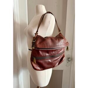 FOSSIL Explorer Foldover Brown Leather Hobo Bag